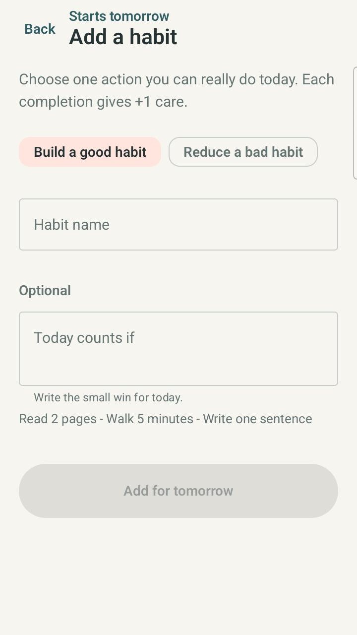 Growpoints Add a habit screen where each action is set as Build a good habit or Reduce a bad habit