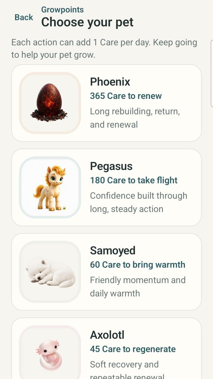 Growpoints Choose your pet screen showing several companions, their Care goals, and the statement that each action can add 1 Care per day