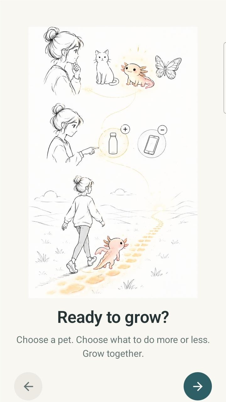 Growpoints Ready to grow screen inviting the user to choose a pet and choose what to do more or less