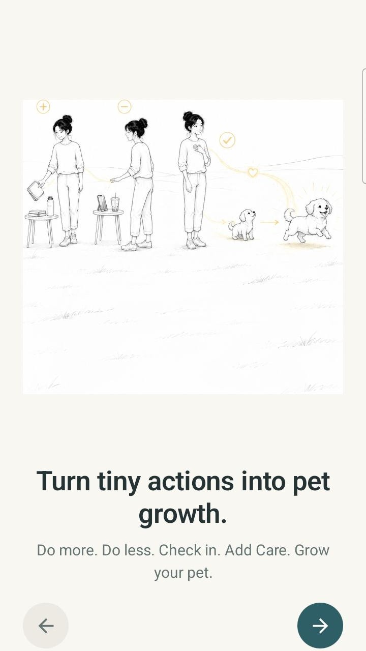 Growpoints onboarding screen showing that actions to do more or less can be checked in to add Care and grow the selected pet